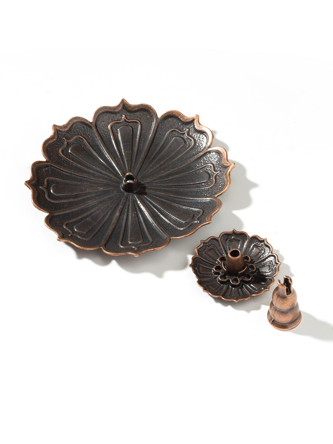Antique Copper-Tone Iron Lotus Incense Holder Set