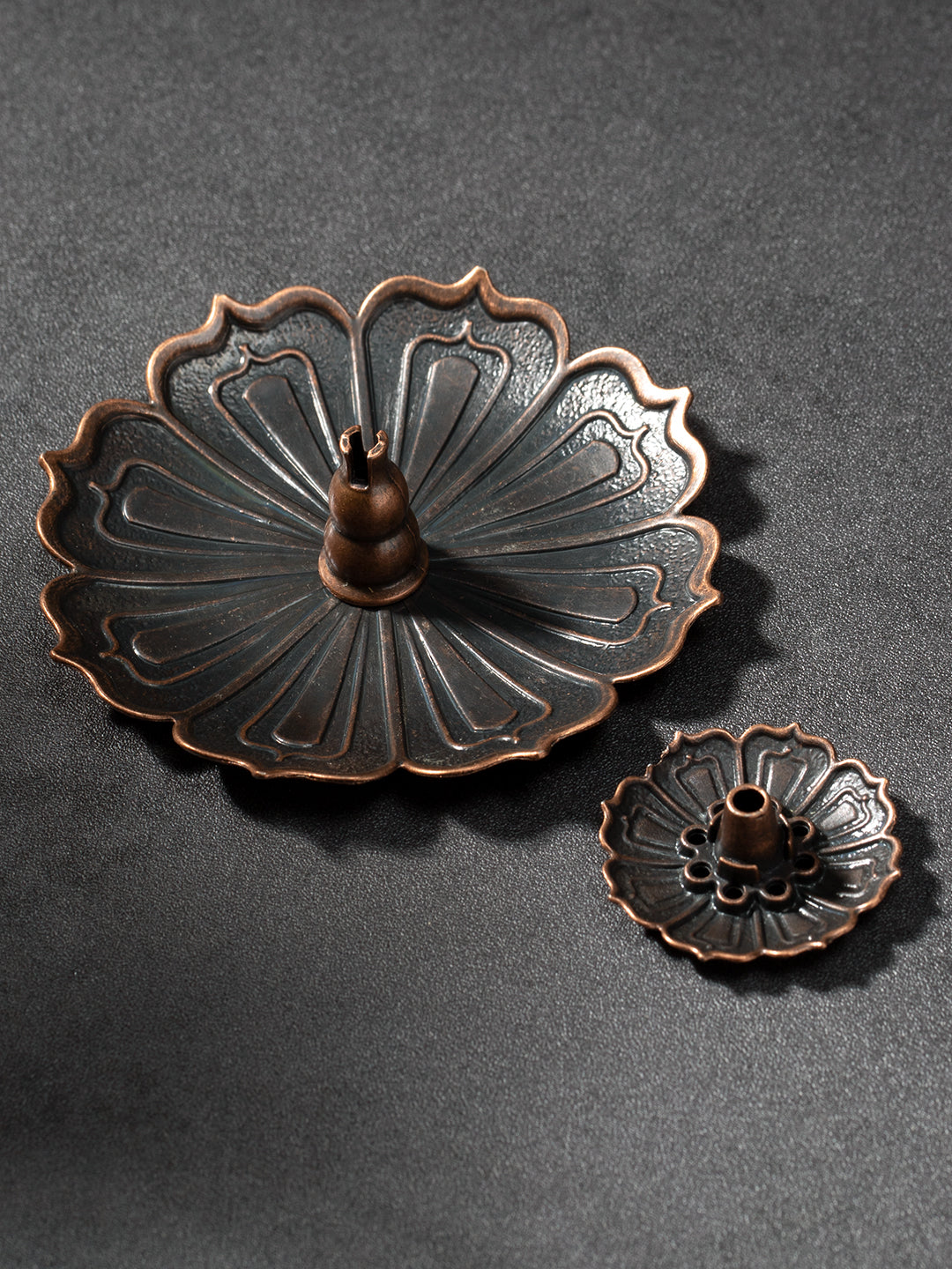 Antique Copper-Tone Iron Lotus Incense Holder Set