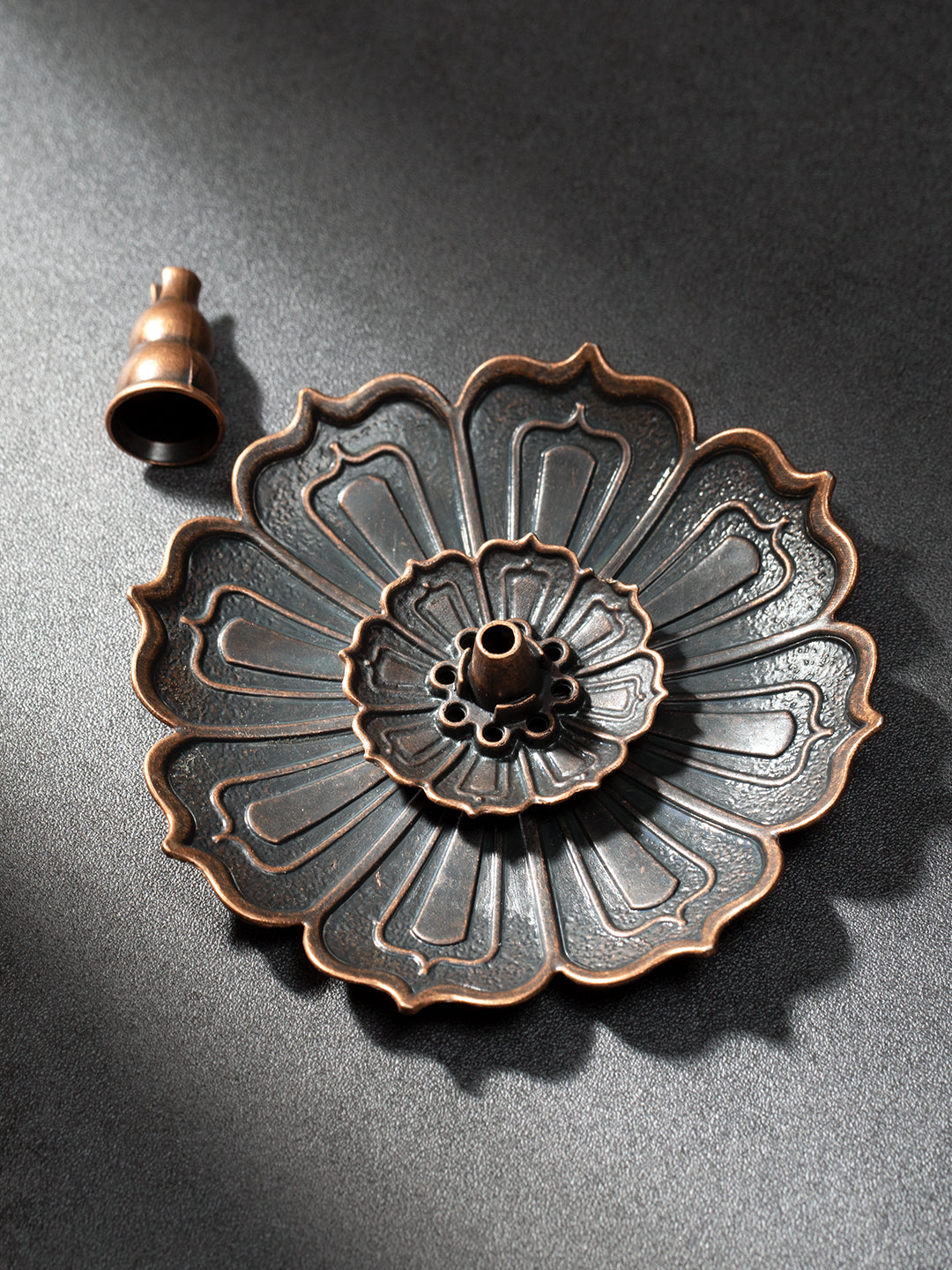 Antique Copper-Tone Iron Lotus Incense Holder Set