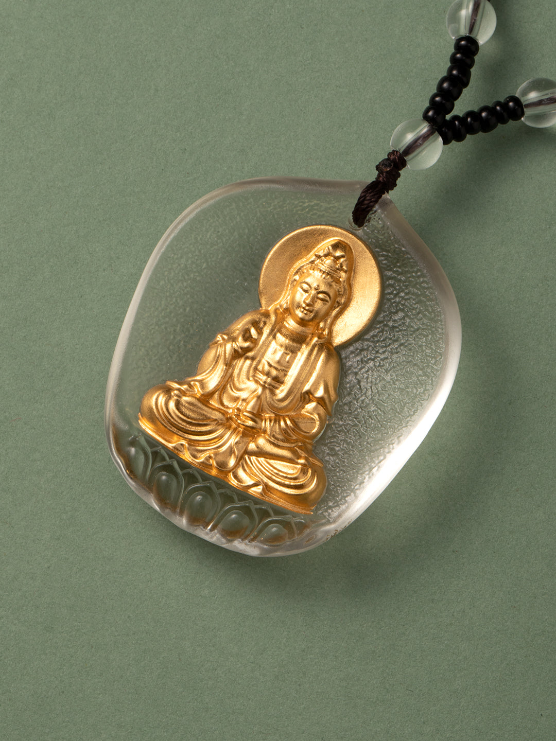 White Jade-Tone Gilded Glass Guanyin Amulet | Zensambodhi