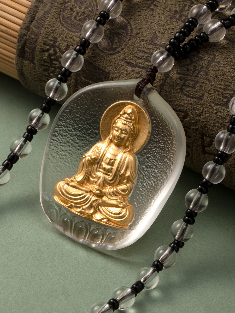 White Jade-Tone Gilded Glass Guanyin Amulet | Zensambodhi