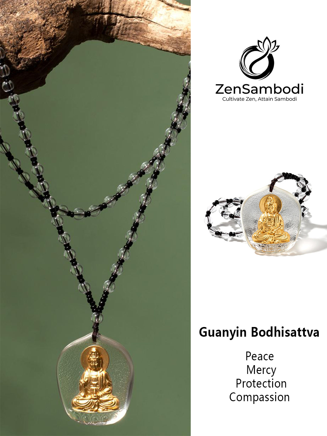 White Jade-Tone Gilded Glass Guanyin Amulet | Zensambodhi