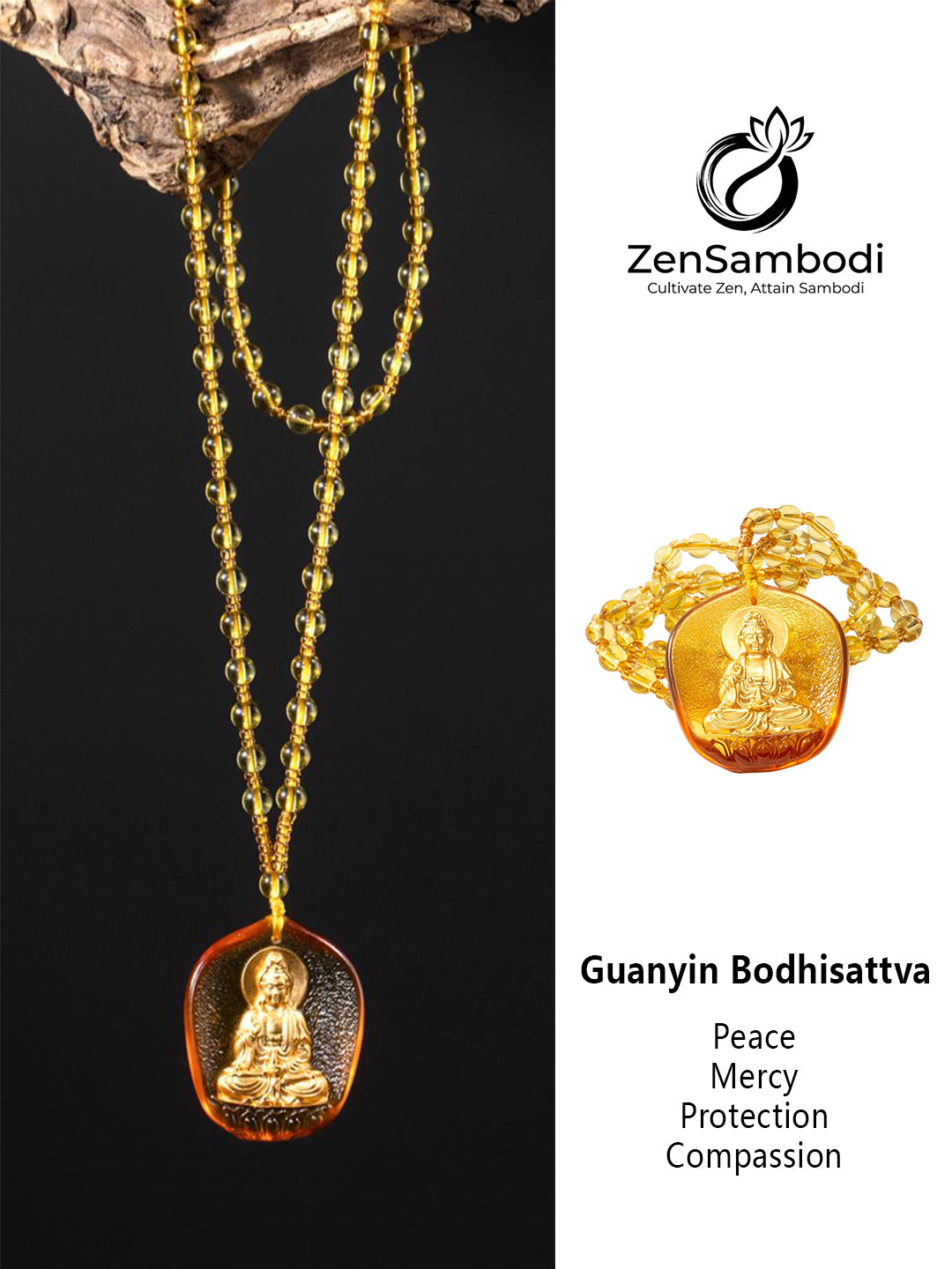 Golden Guanyin Gilded Glass Amulet | Zensambodhi