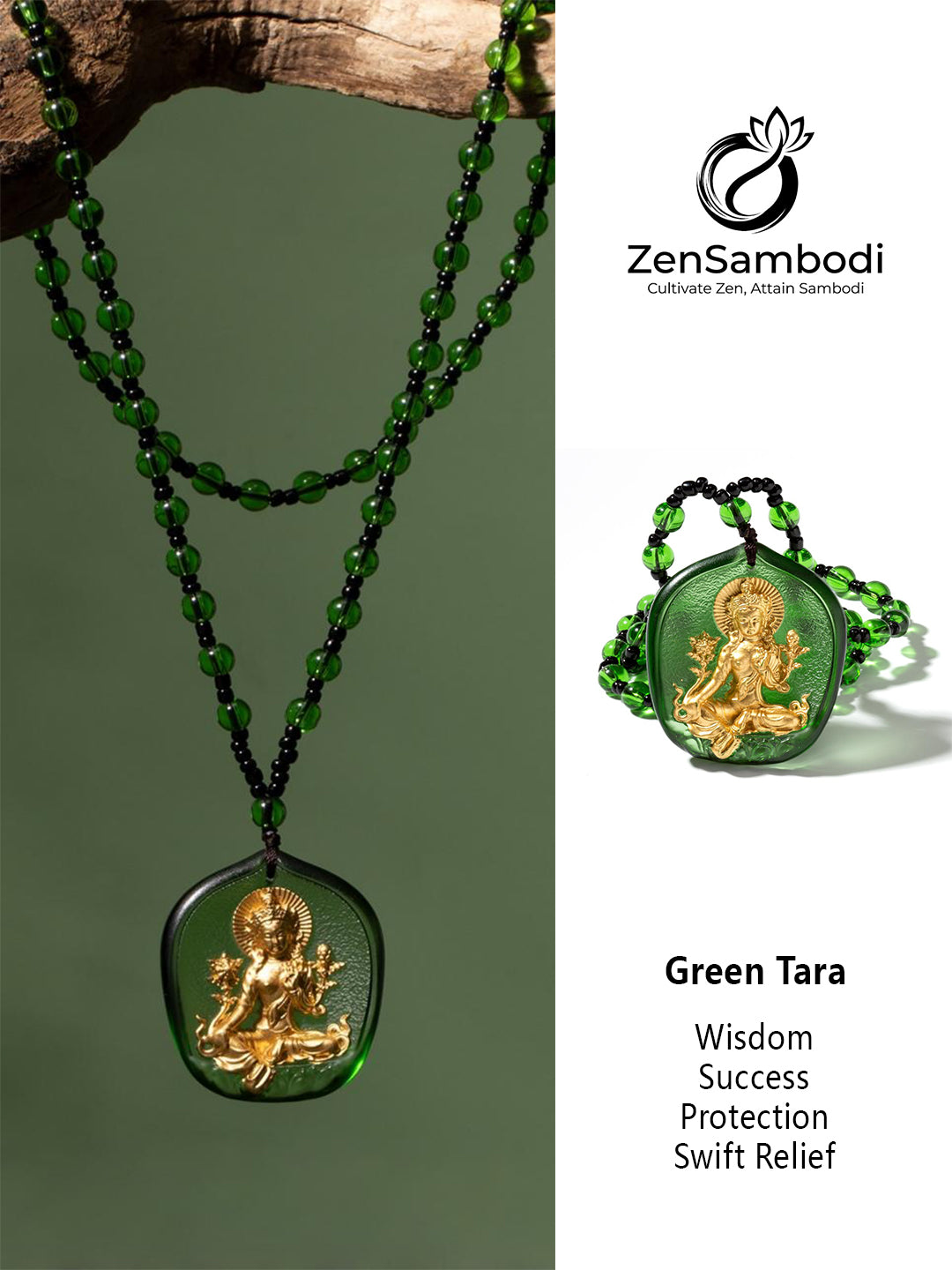 Gilded Glass Green Tara Amulet | Zensambodhi