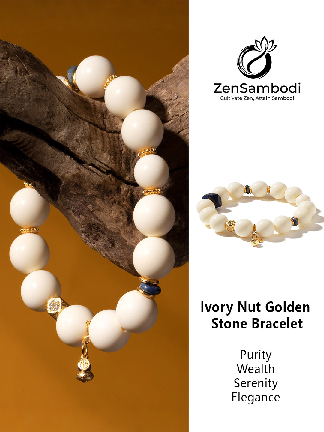 Ivory Nut Golden Stone Bracelet | Zensambodhi